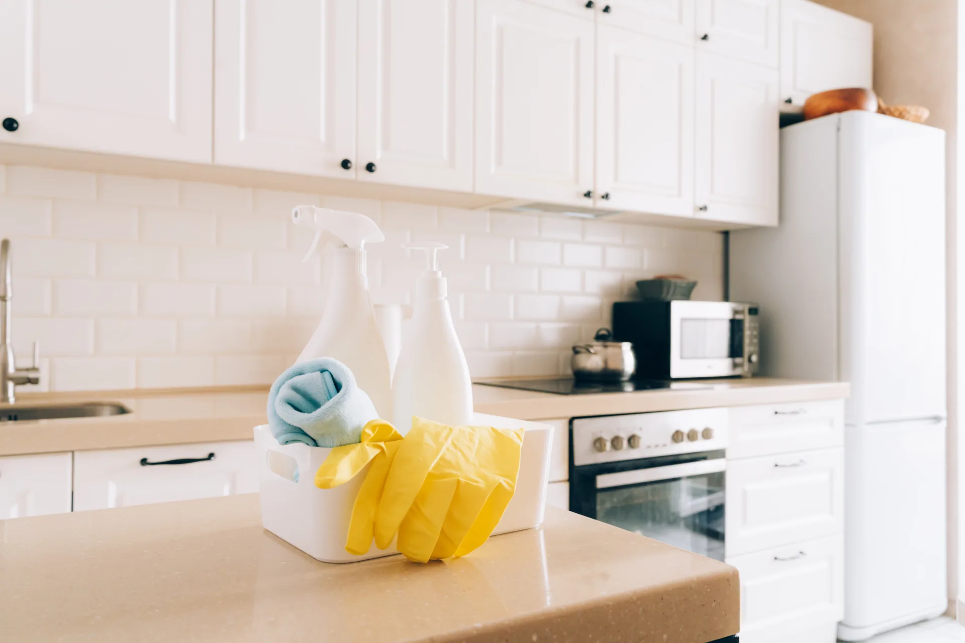 Cleaning supplies on the counter of a bright white kitchen